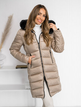 Bolf Damen Zweiseitige Lange Gepolsterte Winterjacke Mantel mit Kapuze Beige  B8202