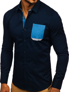 Herren Hemd Langarm Elegant Dunkelblau Bolf 7192